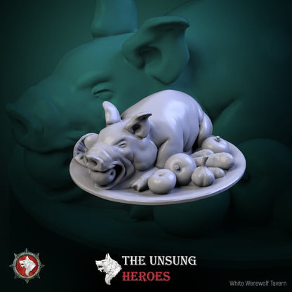 Feast platter with roasted pig surrounded by apples and vegetables – fantasy RPG tavern prop for Dungeons & Dragons and Warhammer
