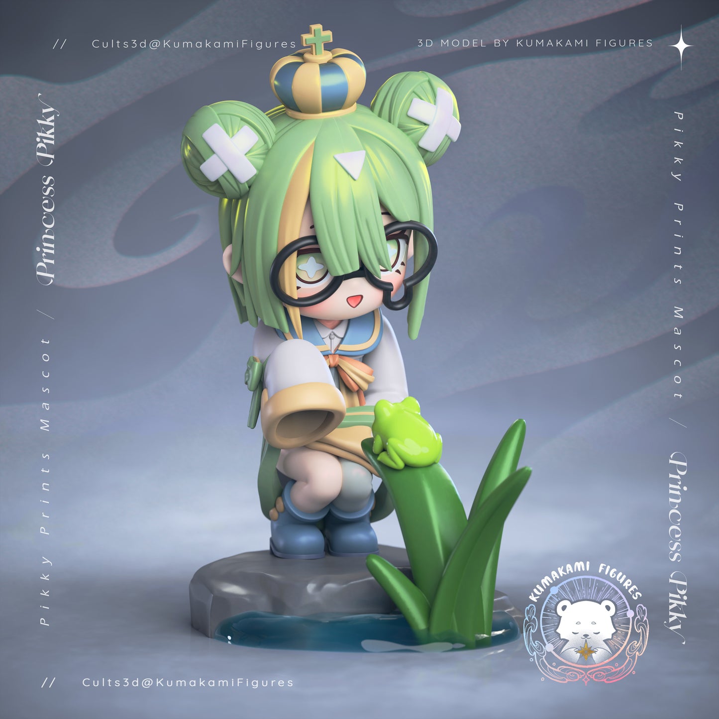 Chibi Pikky Mascot front view holding watering can with frog companion, glasses, crown, chibi mascot figure