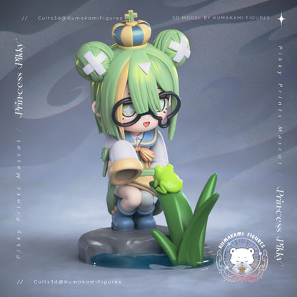 Chibi Pikky Mascot front view holding watering can with frog companion, glasses, crown, chibi mascot figure