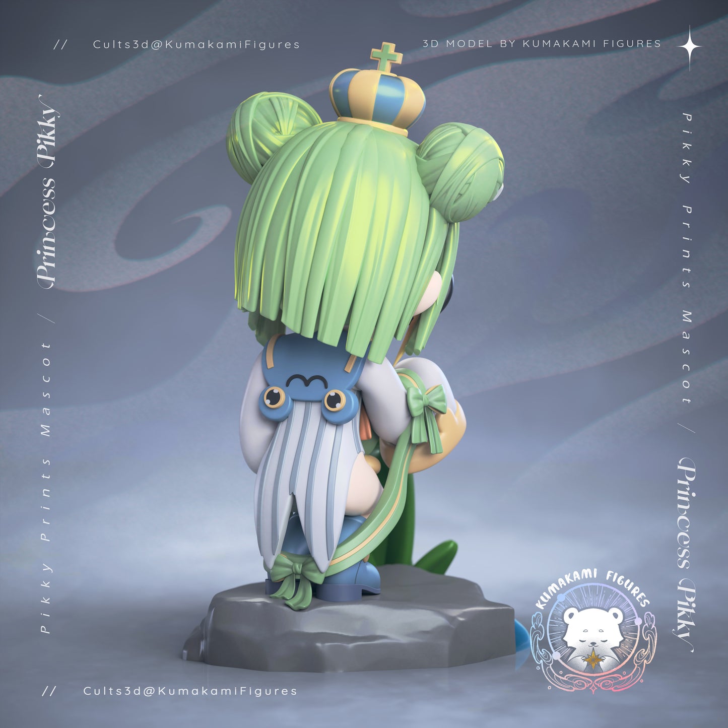 Chibi Pikky Mascot rear view showing stitched hair buns, backpack detail, crown, chibi princess collectible