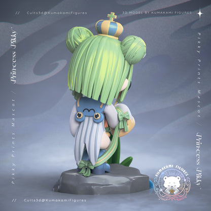 Chibi Pikky Mascot rear view showing stitched hair buns, backpack detail, crown, chibi princess collectible