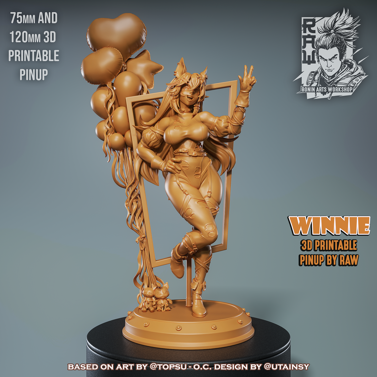 Unpainted gray render of the Winnie figure standing inside a tilted frame, surrounded by balloons, with bunny and dog figures at her feet.