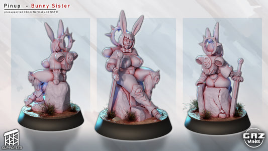 Bunny Sister Squad Captain miniature multi-angle views showing front, side, and back, with detailed power armor, bunny ear helm, and rock base – sci-fi wargaming figure.