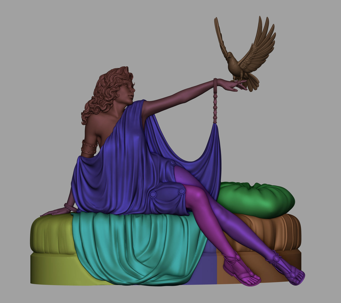 1950s-style figurine in colored sculpt view with draped dress and accessories