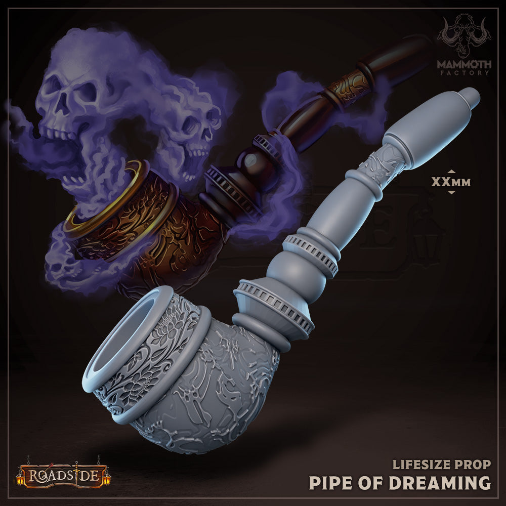 Life-sized prop of the Pipe of Dreaming, an intricately detailed pipe, designed as a fantasy RPG accessory, suitable for games like Dungeons & Dragons.