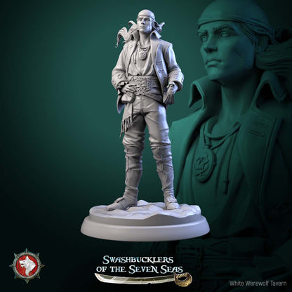 Human pirate deckhand miniature wielding dagger and flintlock pistol, aggressive boarding stance, light armor, fantasy naval skirmisher