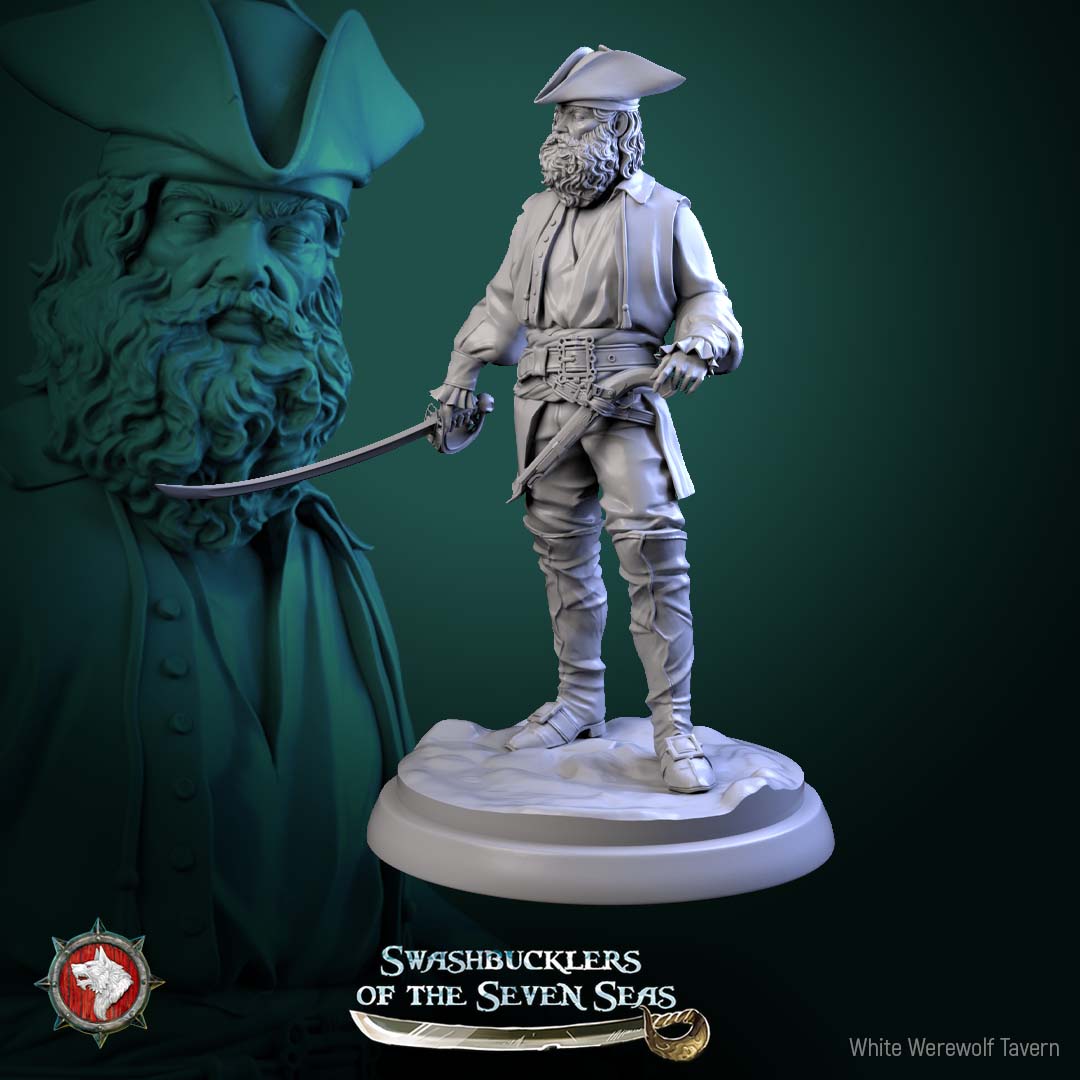 Human pirate deckhand miniature featuring bearded sailor with curved cutlass, steady stance, classic deck fighter character