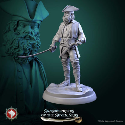 Human pirate deckhand miniature featuring bearded sailor with curved cutlass, steady stance, classic deck fighter character