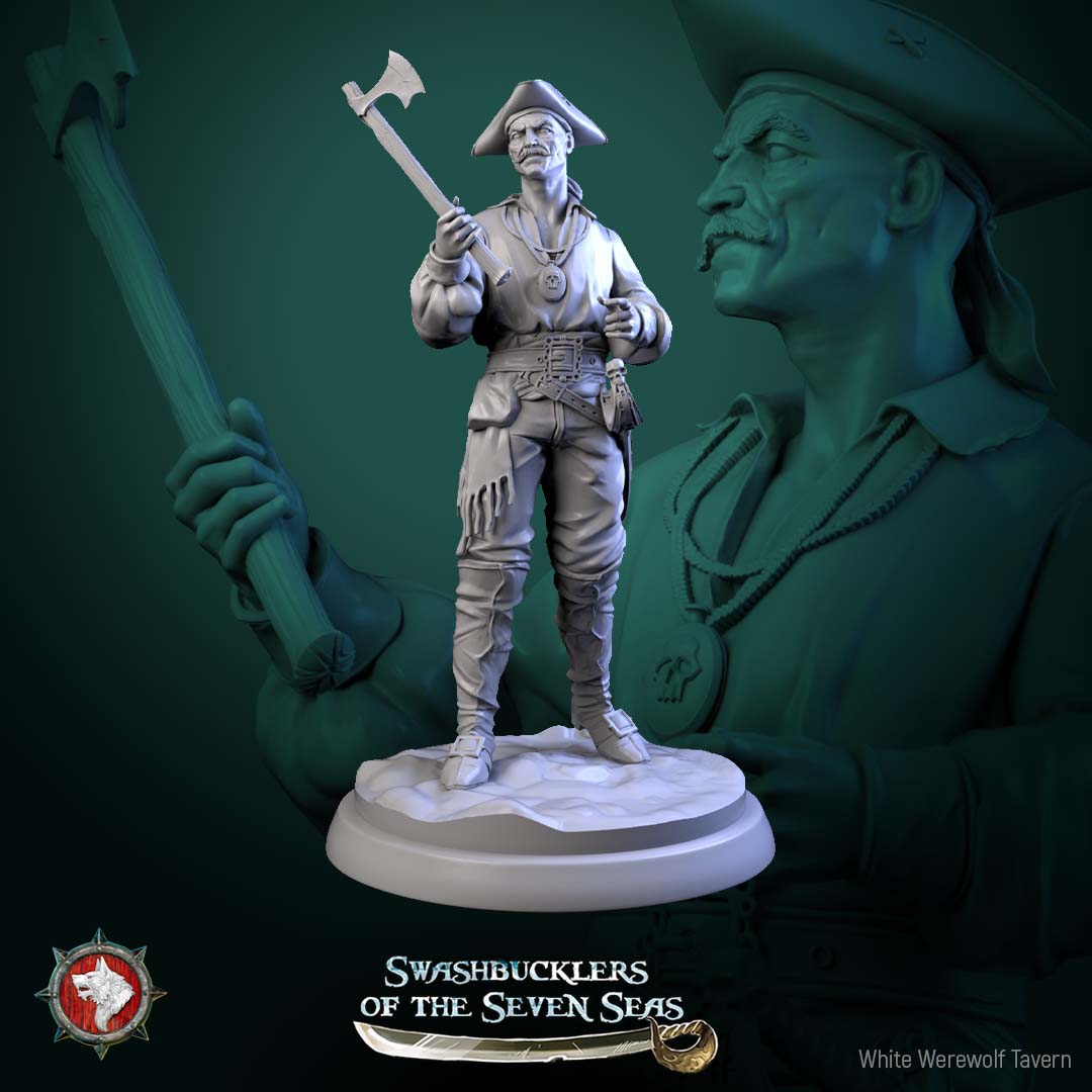 Human pirate deckhand miniature holding boarding axe and medallion, forward stance, shipboard combatant for fantasy naval encounters
