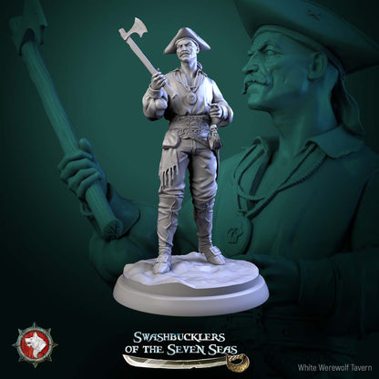 Human pirate deckhand miniature holding boarding axe and medallion, forward stance, shipboard combatant for fantasy naval encounters