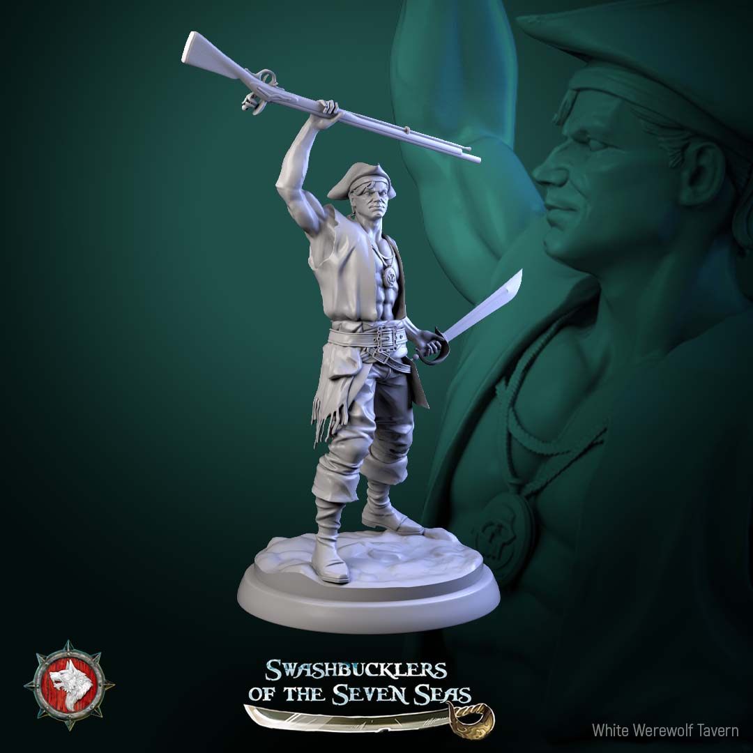 Human pirate deckhand miniature raising musket overhead with secondary blade, aggressive boarding action stance