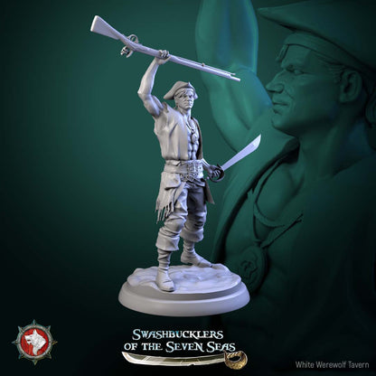 Human pirate deckhand miniature raising musket overhead with secondary blade, aggressive boarding action stance