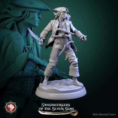 Human pirate deckhand miniature wielding pistol and blade, wide stance, fast-moving naval raider character