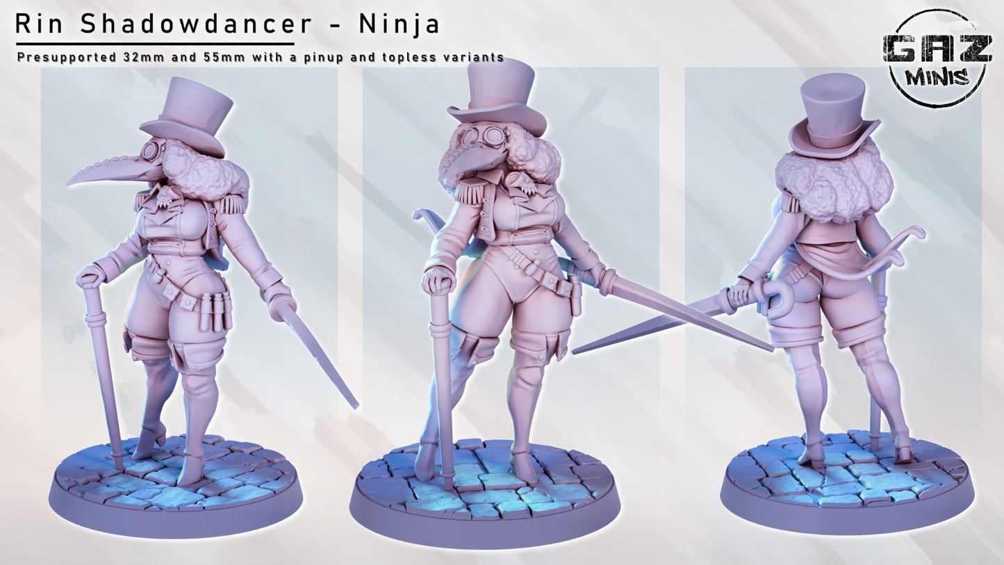 Plague Doctor Ringleader Zara, depicted in multiple angles with a cane and sword, 3D printable for TTRPG use.