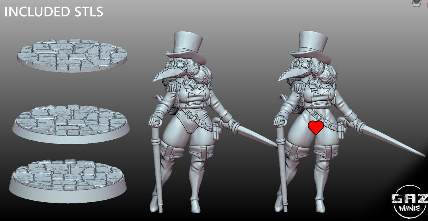 Plague Doctor Ringleader Zara, showing available STL parts, including multiple versions and base options.