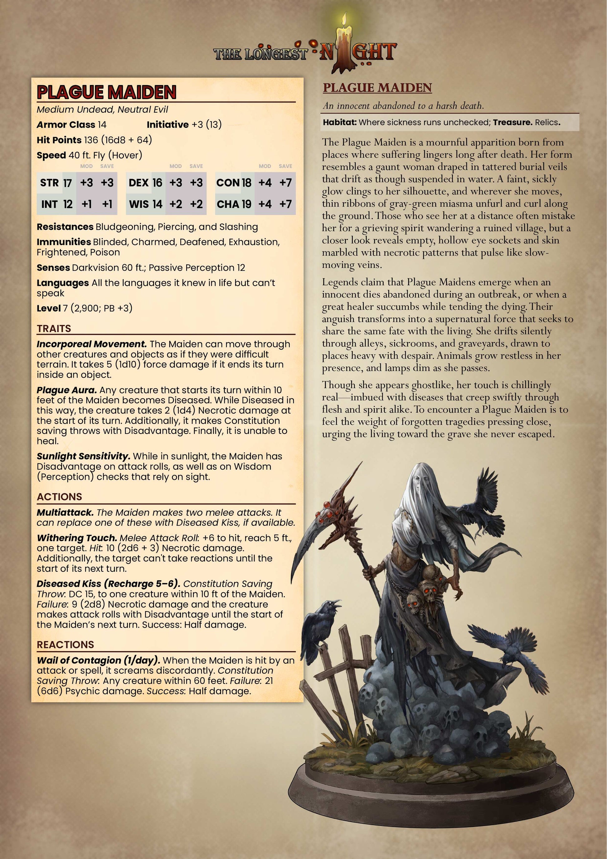 Plague Maiden miniature standing pose holding ritual scythe with skull-covered base and tattered burial robes