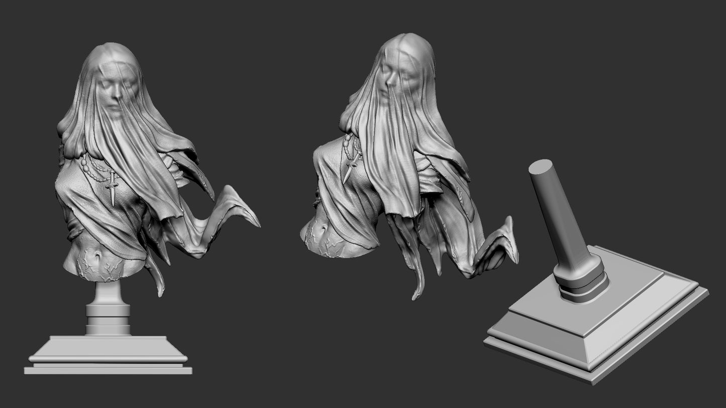 Plague Maiden bust exploded parts view showing base body arms scythe ravens and scenic elements