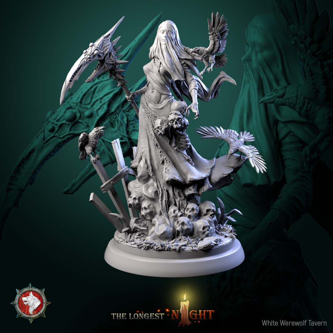 Plague Maiden miniature standing pose holding ritual scythe with skull-covered base and tattered burial robes