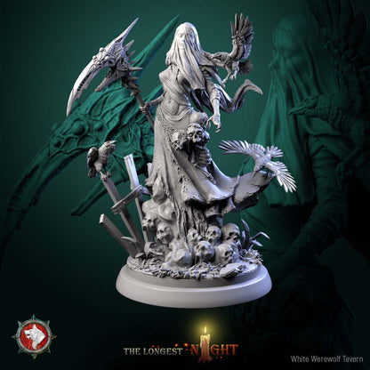 Plague Maiden miniature standing pose holding ritual scythe with skull-covered base and tattered burial robes