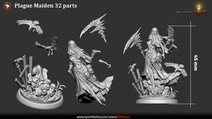 Plague Maiden miniature standing pose holding ritual scythe with skull-covered base and tattered burial robes