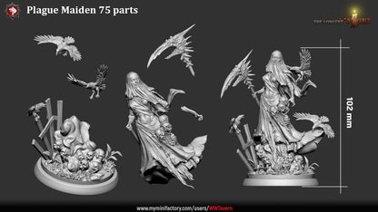 Plague Maiden large miniature 75mm scale towering undead apparition with ravens and graveyard terrain
