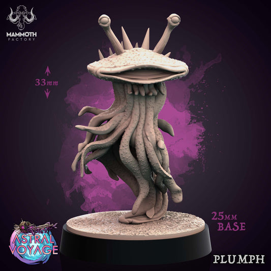 Plumph miniature depicting a floating Flumph-like aberration with eyestalks, a round body, and tendrils flowing beneath it, posed upright on a 25mm base for tabletop RPG encounters.