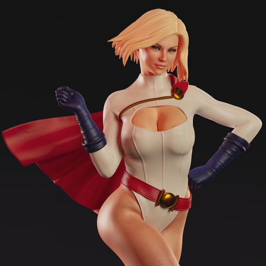 Powergirl 1:4 scale figure front view with iconic white suit, cape, gloves, boots, and cloud-style flying base.