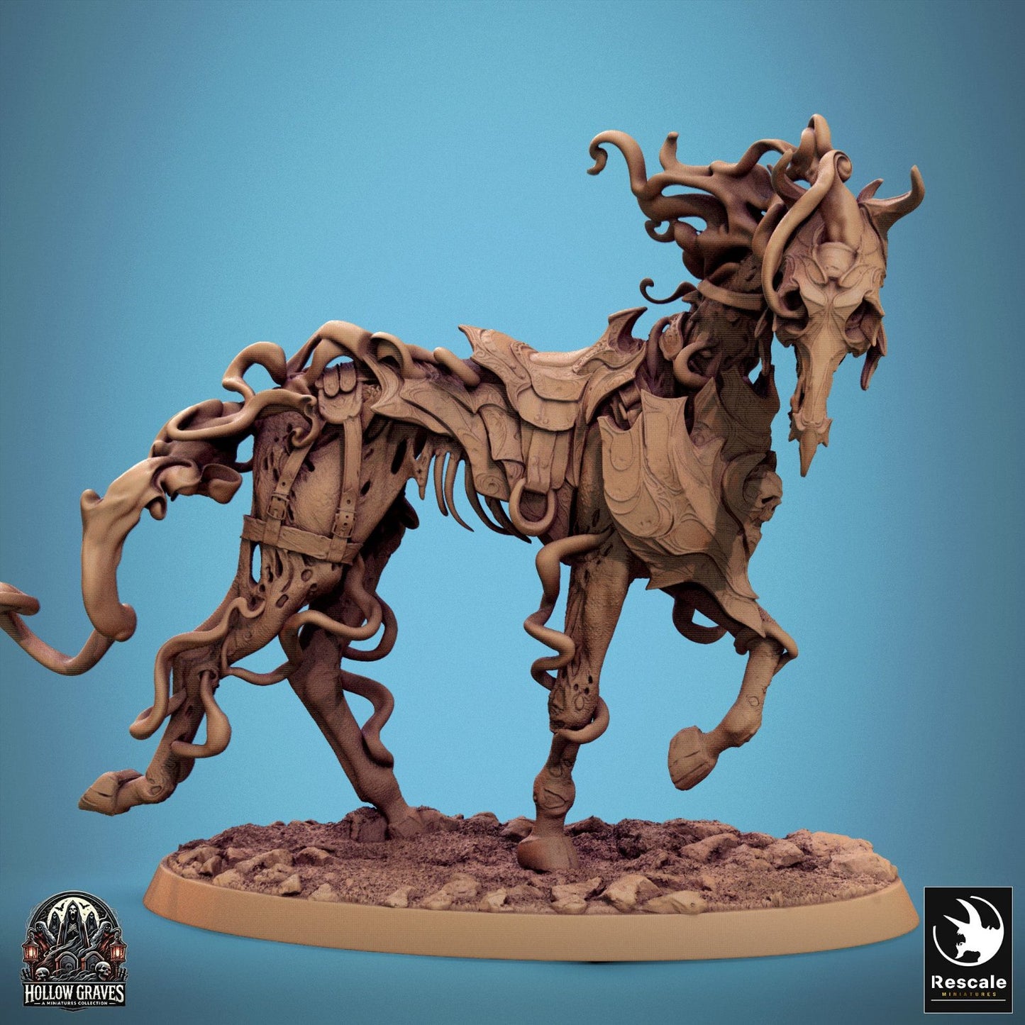 An undead horse standing tall with regal skeletal armor, showing an imposing figure for sinister RPG campaigns.