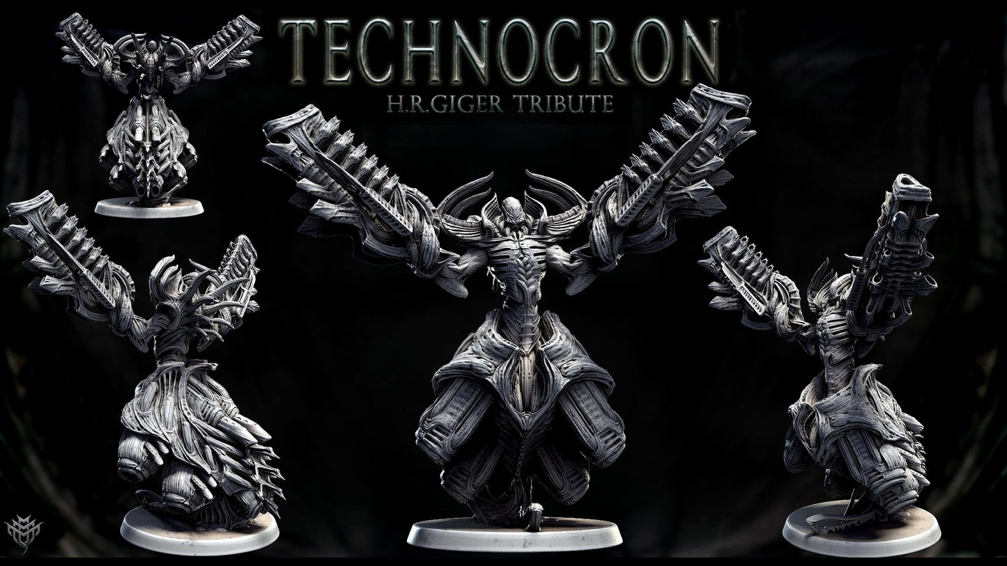 Prime Ciifer Annihilator miniature model in dynamic pose, featuring biomechanical armor and intricate weaponry inspired by H.R. Giger's art style.