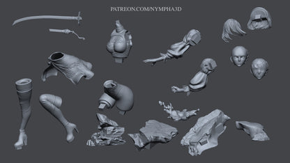 2B – Model Cut Breakdown: 3D sculpt layout displaying modular parts including heads, torso, arms, sword, legs, and rocky base.