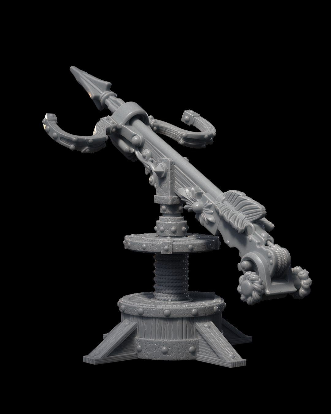 A ballista with intricate details, including rope accents and sturdy metal reinforcements, ideal for naval combat in TTRPGs.