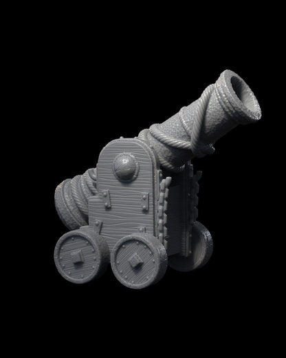 A single ornate cannon with rope embellishments and detailed woodwork, adding maritime flair to tabletop RPG encounters.