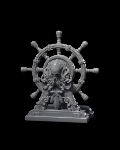 An intricately detailed nautical ship helm featuring a skull and tentacle design, perfect for pirate-themed tabletop campaigns.