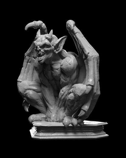 Grotesque gargoyle statue perched on a pedestal, ideal as scatter terrain for horror-themed TTRPG settings.