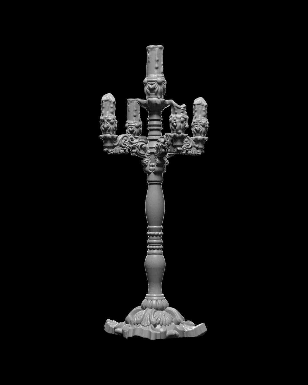 Ornate gothic candelabra with detailed candle holders, a great prop for vampire or dark fantasy campaigns.