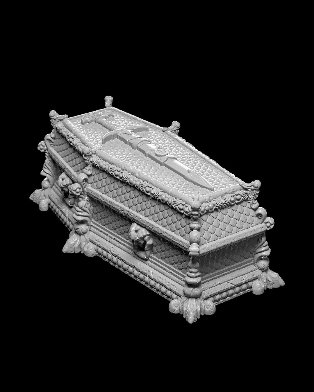 Elaborate vampire-style sarcophagus with ornate carvings, perfect for horror and gothic RPG settings.