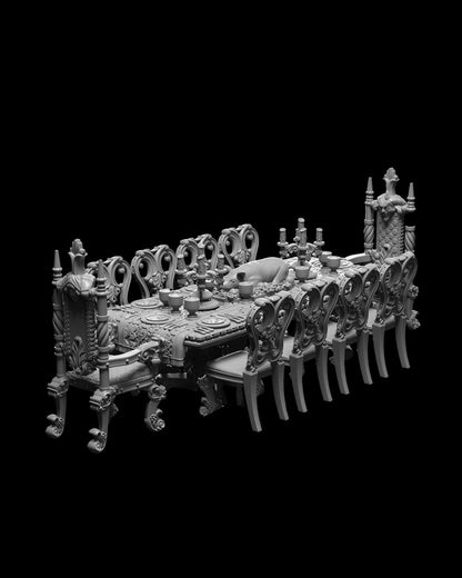 Side view of the gothic banquet table showing detailed chairs and decor, enhancing dark fantasy campaigns.