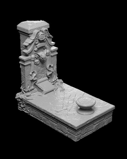 Gothic-style tombstone with ornate carvings, perfect for vampire and horror-themed tabletop RPG adventures.