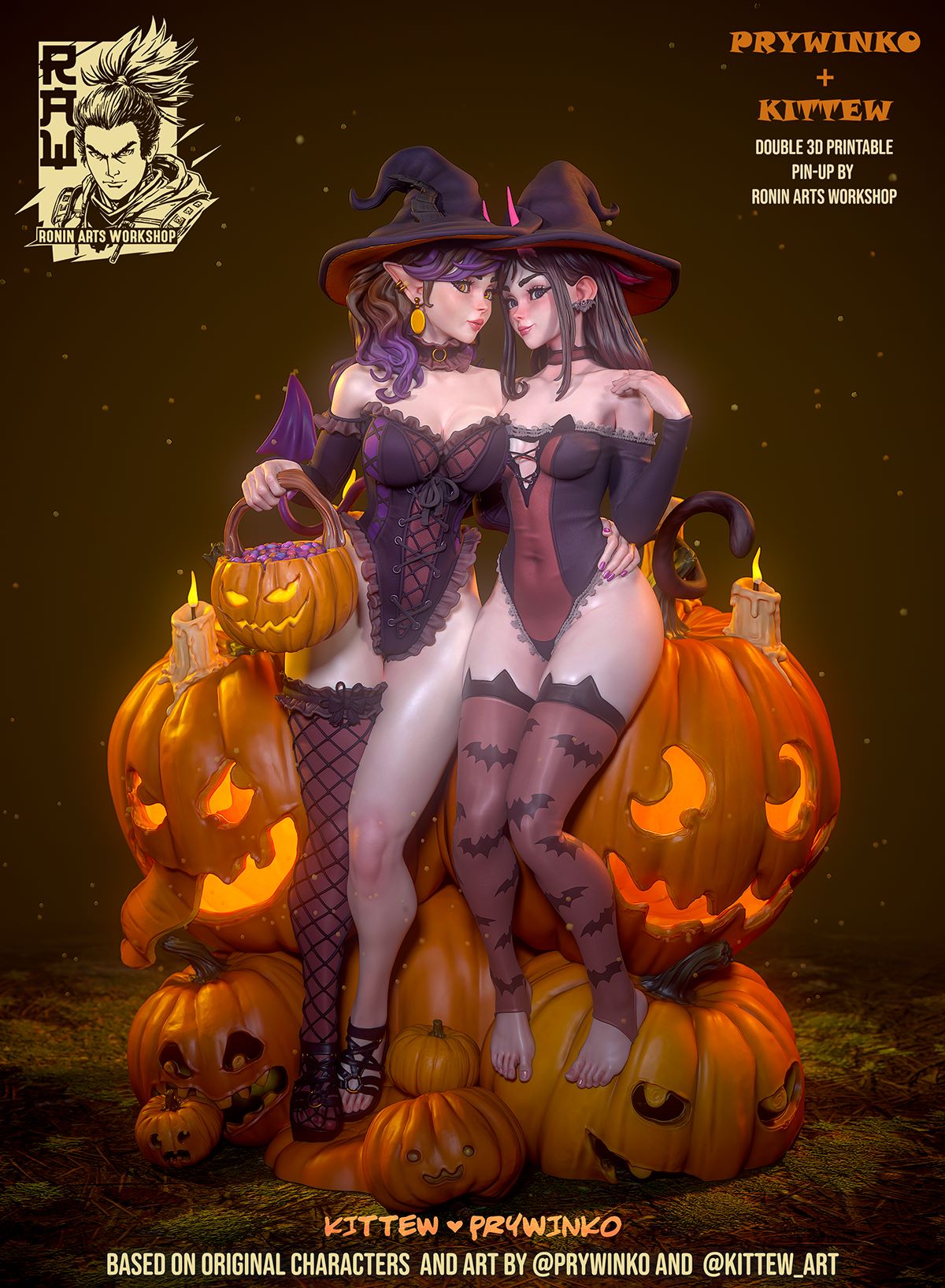 Two witch figurines dressed in Halloween-themed corsets, surrounded by carved pumpkins and candles.