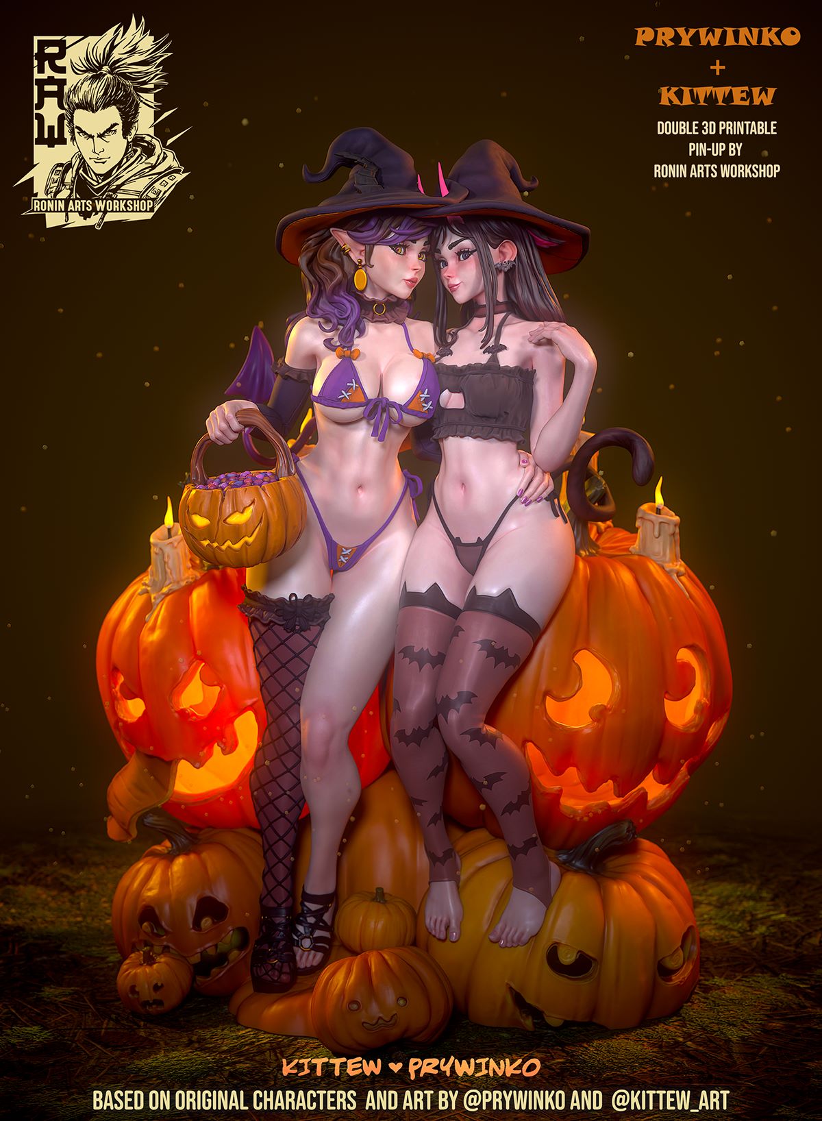 Two witch figurines wearing bikini-themed costumes, holding a pumpkin basket, in a Halloween display.