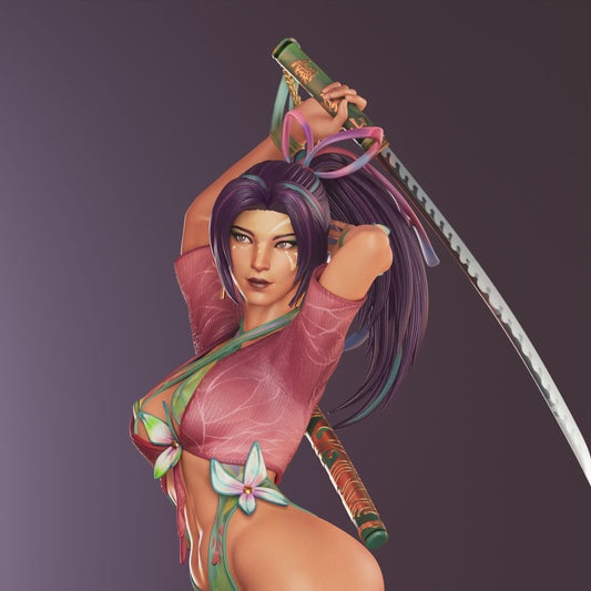 Close-up of Psylocke Breeze Butterfly Skin collectible from Marvel Rivals, showing facial expression, sword grip, and detailed costume textures.