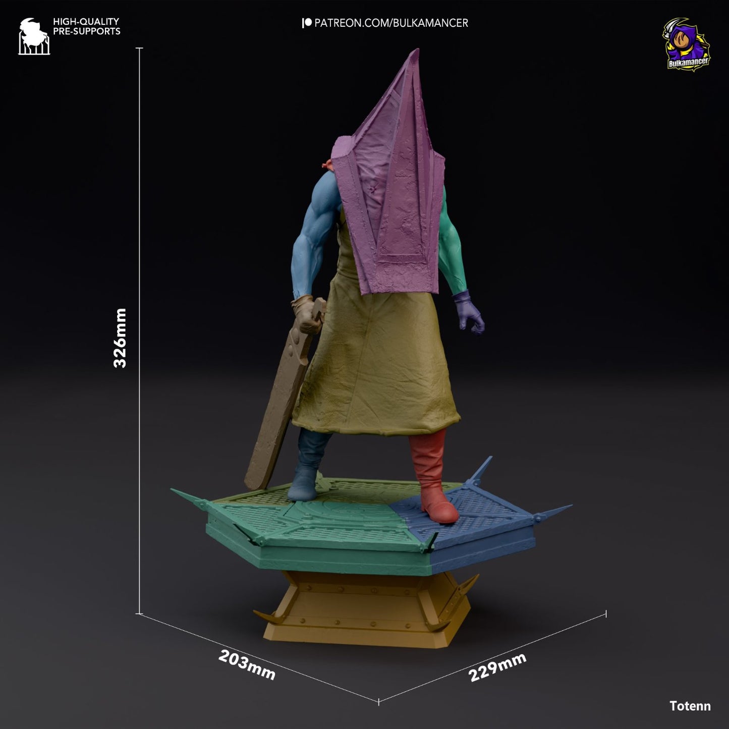 Dimension chart for the Pyramid Head model, featuring measurements and multicolored parts for scale reference.