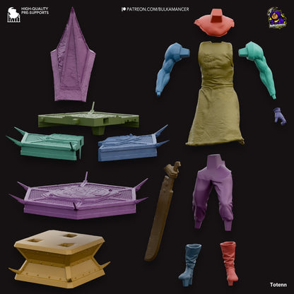 Exploded parts view of the Pyramid Head model, showing detailed components like the helmet, limbs, weapon, and custom base.