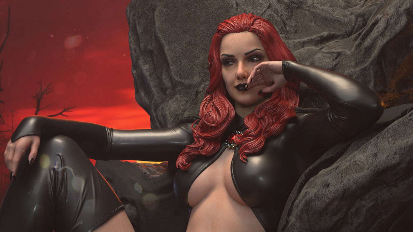 Madelyne Pryor reclining on a rock throne, her hand resting near her face in a seductive pose.