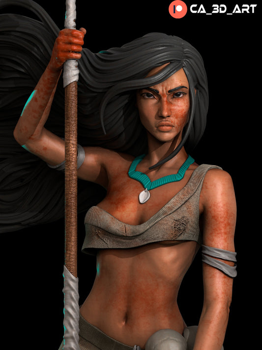 Close-up of the Pocahontas figurine, highlighting her determined expression and intricate necklace.