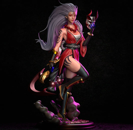 Painted Blood Moon Diana collectible with red outfit, flowing hair, and crescent weapon