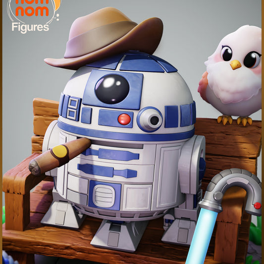 Painted render of Chibi R2D2 in blue and white with hat, cigar, and bird companion on wooden bench.
