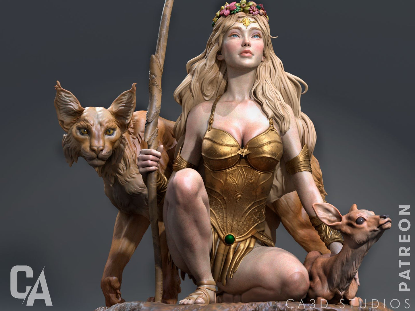 Close-up view of the Artemis collectible showcasing the goddess's delicate facial features, golden armor, floral crown, and her companions, the lynx-like creature and the small deer, evoking her role as protector of nature.