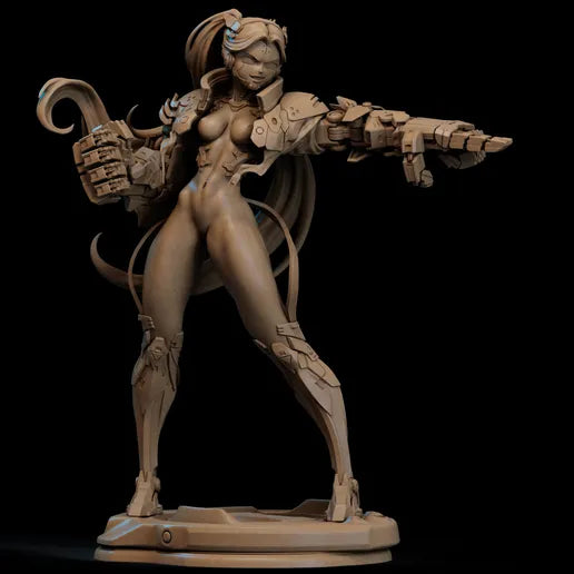 NSFW version of Rebecca Smasher figure posed with dual cybernetic gauntlets extended, standing on a glowing sci-fi base.