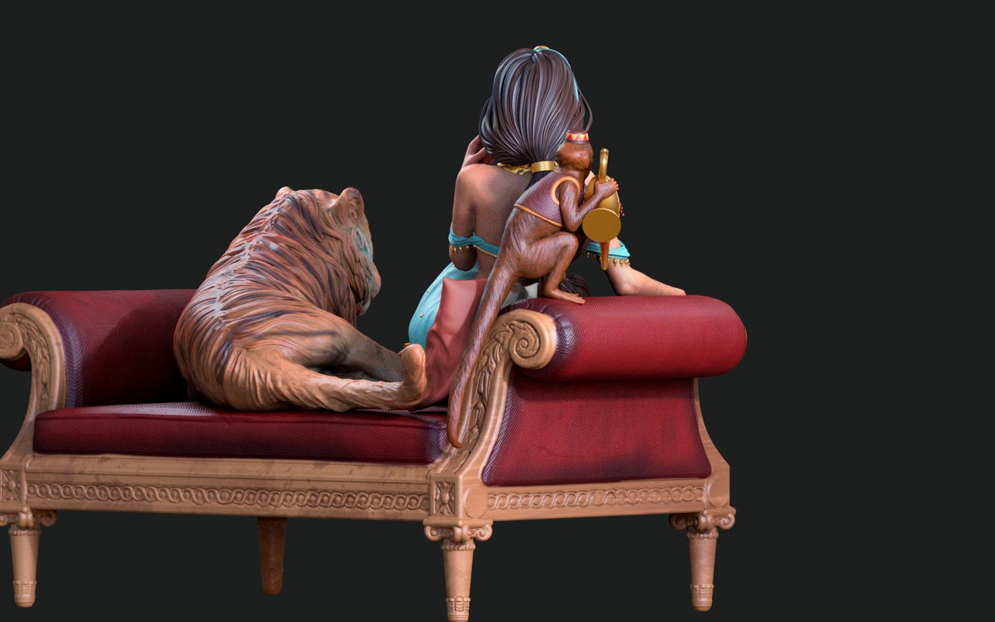 Back view of the figurine set, highlighting the tiger and monkey on the couch.